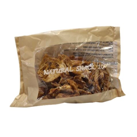 Snack natural para perro. Cruji pollo. Trozos de pechuga de pollo deshidratada. Bolsa de 100 gr.