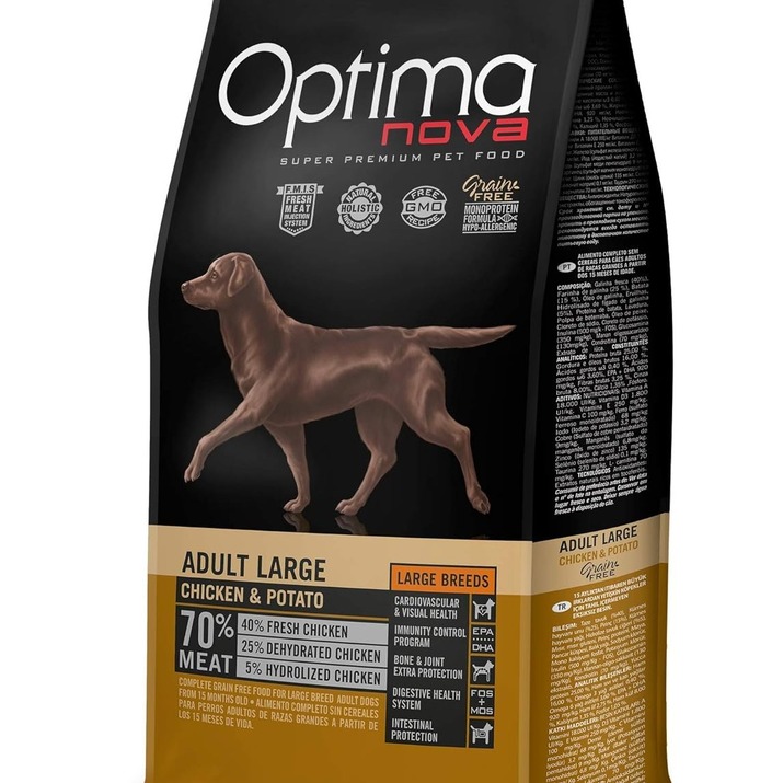 OptimaNova pienso para perro adulto grande de pollo y patata GRAIN FREE de 12 Kg.